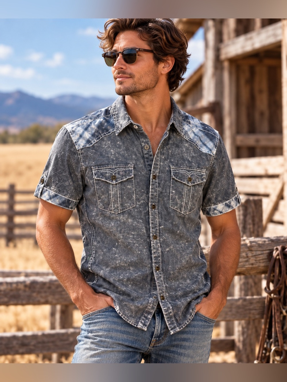 BKE Men's Short-Sleeve Washed Button-Down Western Shirt - Gray Blue